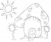 Coloriage maison de champignon avec soleil et arbres