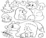 Coloriage animaux automne herisson feuilles champignons