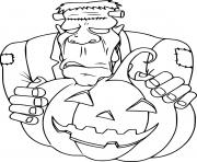 Coloriage Frankenstein se cache derriere une citrouille halloween