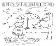 Coloriage mois de novembre automne feuilles pluie