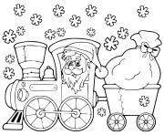 Coloriage hiver flocons de neige pere noel sur un train pour distribuer des jouets