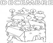 Coloriage decembre les enfants deballent des cadeaux