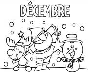 Coloriage decembre pere noel renne et bonhomme de neige tous joyeux