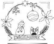 Coloriage decembre bonhomme de neige et couronne de noel