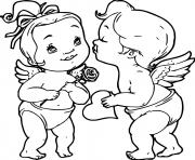 Coloriage deux bebes coeurs fleur cupidons