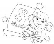 Coloriage petite fille avec des fleurs pour la journee de la femme 8 mars