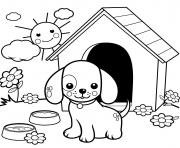 Coloriage jolie chiot dans sa maison au jardin et soleil eclatant