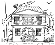 Coloriage maison hantee avec les portes barres qui fait peur