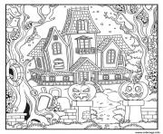 Coloriage halloween maison hantee avec des citrouilles epeurantes