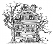 Coloriage maison halloween arbres difficile