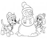 Coloriage stella et rocky font un bonhomme de neige pour noel