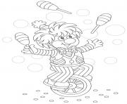 Coloriage clown maternelle qui jongle sur un velo