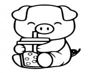 Coloriage cochon mignon boit un bubbletea