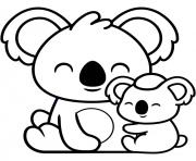 Coloriage Maman koala et son petit dans une branche eucalyptus