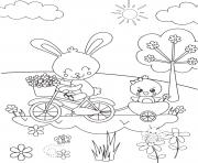 Coloriage lapin se balade avec poussin pour paques printemps