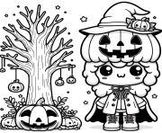 Coloriage personnage kawaii masque citrouille arbre effrayant