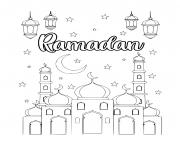 Coloriage monde du ramadan lune lanterne etoiles mosques