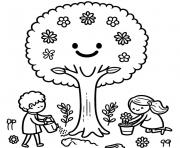 Coloriage enfants qui arosent un arbre et les plantes