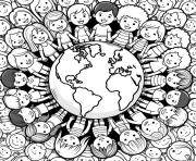 Coloriage communaute enfants autour de la planete terre main dans la main soutien