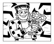 Coloriage frankenstein avec bouquet fleurs