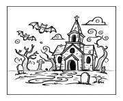 Coloriage eglise hantee et chauves souris