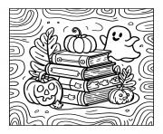 Coloriage livres et fantome au coin halloween