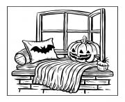 Coloriage coin detente halloween avec citrouille et deco chauve souris