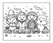 Coloriage groupe enfants costumes fete halloween