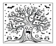 Coloriage arbre hante et chouettes effrayantes