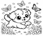 Coloriage chien puppy qui court dans le jardin papillons